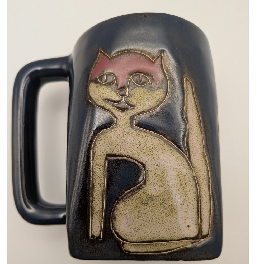 Mara of Mexico 3 Cat Mug Stoneware Hand Painted Square Bottom Studio Pottery